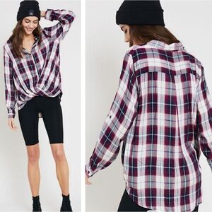 Front Twist Purple Plaid Button Down Hi-Lo Blouse
